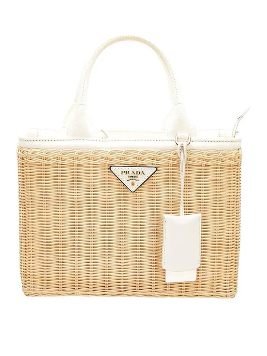 Prada Handbags - Prada White Leather & Natural Wicker Tote